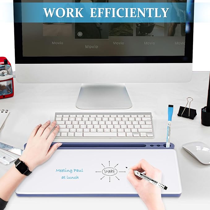DOLLAR BOSS Glass Desk Whiteboard Small Dry Erase Board Desktop White Board with Storage Drawer Computer Keyboard Stand Desk Organizer Office Accessories School Supplies with 4 Markers 1 Eraser, Blue