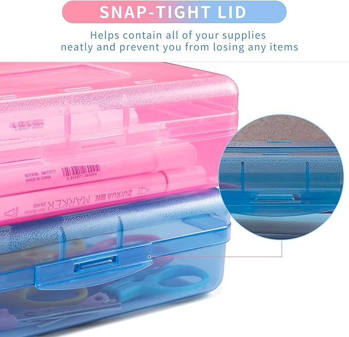 Sooez Plastic Pencil Case Box 6 Pack, Colored Large Craft Storage Bulk, Plastic Containers with Snap-tight Lids, Hobby Art School Supply Organizer, Marker Bead Pen Bins Organizer,Stackable, Clear