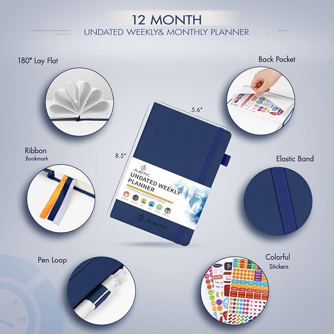 Planner for 2026-2027, Undated Planner Weekly and Monthly Appointment Book for Time Management Productivity Planners with Stickers (Dark Blue)
