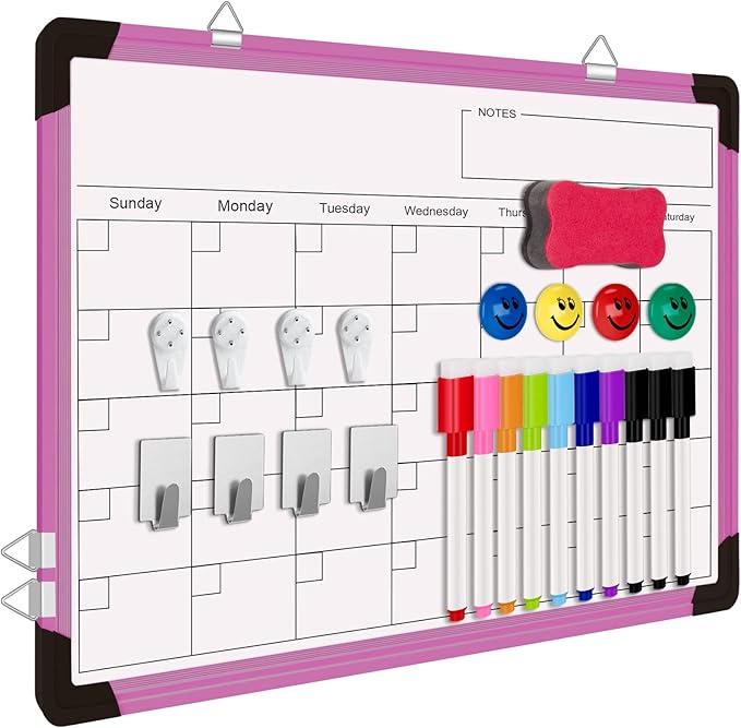 Dry Erase Calendar Whiteboard for Wall, 16" X 12" Magnetic White Board Dry Erase Calendar, Portable Hanging Dry Erase Board Framed Planner Memo Whiteboard Back to School Gift for Kid Student (Pink)
