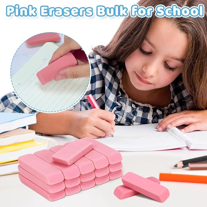 PRALB 144 Pack Pink Erasers, Bulk Erasers for Art, School, and Classroom