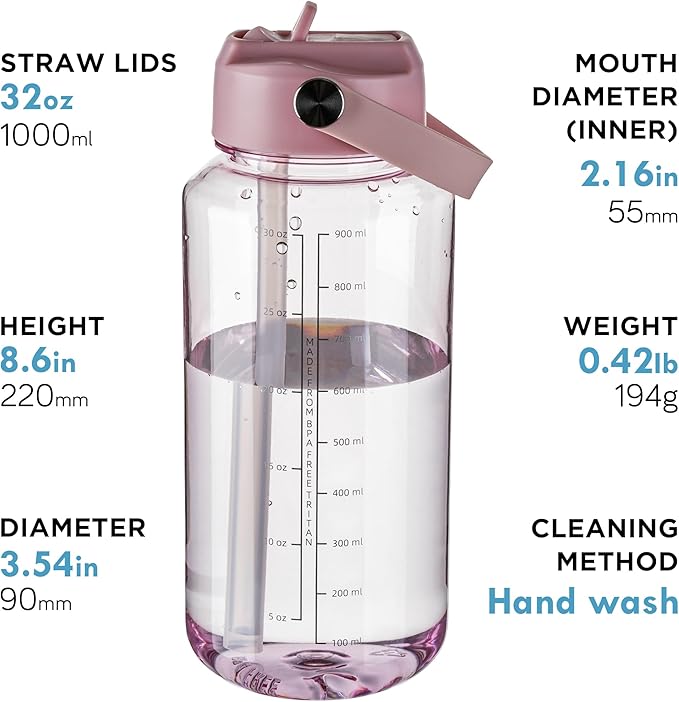 OLDLEY 32 oz Clear Water Bottle with Straw,Tritan BPA-Free, Wide Mouth, Leak Proof - for Gym, Travel, Home, School, Office (Pink)