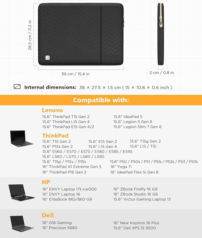 NIDOO 15.6 Inch Laptop Sleeve Case Water-Resistant Carrying Bag for 15.6" IdeaPad 3i / Legion 5 Slim 7 Gen 6 / ThinkPad T15 T15g P15s E15 L15 Gen 2/16" Yoga 7i / G16 Gaming/Galaxy Book3 pro 360