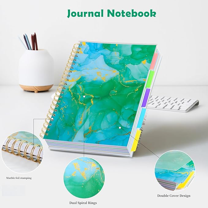 5 Subject Notebook for Work with Removable Dividers Tabs, Large 8.5" x 11 Spiral Lined Notebooks for School Note Taking & Organizer, A4 240 Pages College Ruled Journal for Women & Writing, Green