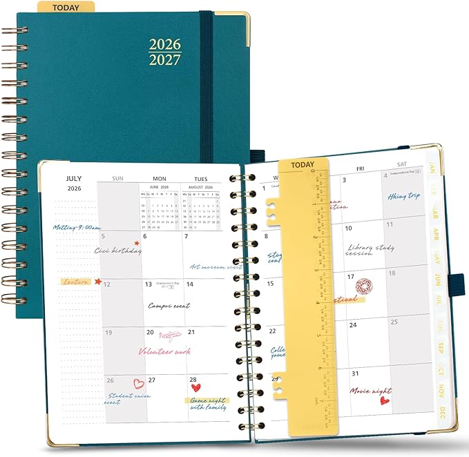 POPRUN 2026-2027 Monthly Planner, 18 Month Calendar (July 2026-Dec 2027), 6.25" x 8.5" A5 Spiral Hardcover Organizer with Dotted Note Pages, Professional Appointment Book for Business Office, Students & Teachers - Pacific Green