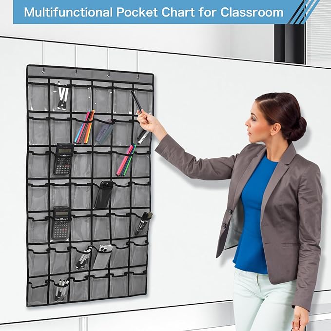 SAVERHO 42 Pocket Classroom Pocket Chart for Cell Phones and Calculator,Clear Cellphone Pocket Chart for Classroom with Number Sticker and hooks (Grey-42 Pockets)