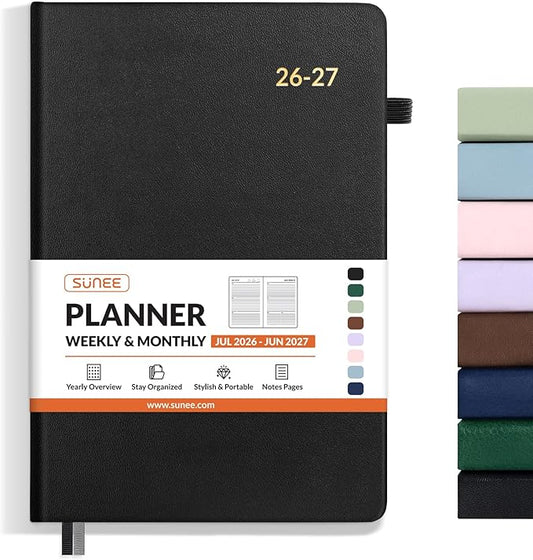 SUNEE 2026-2027 Weekly & Monthly Hardcover Planner 5.5" x 8.3" - 12 Month (July 2026 - June 2027), Small Academic Year Calendar Planner, Pocket, Notes, 100 GSM Paper, Black