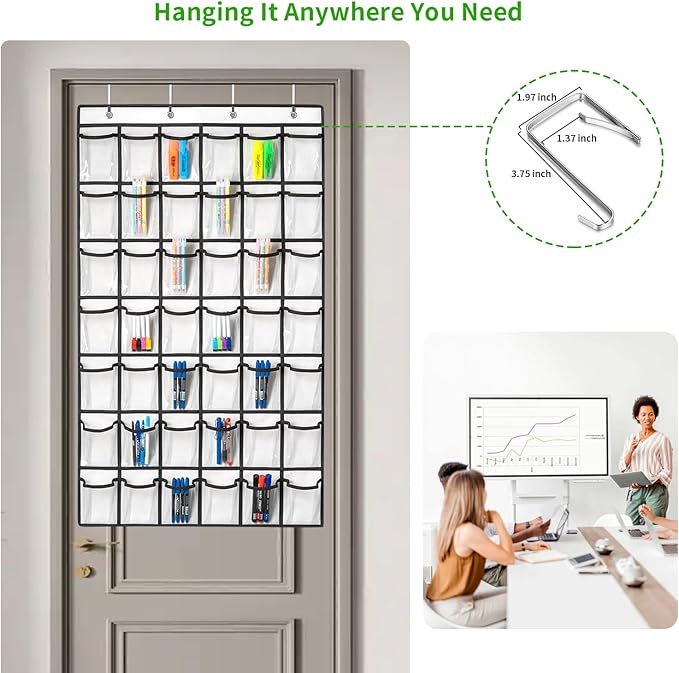 ANSTROUT 42 Clear Pockets Classroom Pocket Chart for Cell Phones and Calculator, Pocket Chart Organizer for Classroom Phone Storage Holder with 42 Number Sticker and Hooks (White)