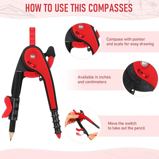 EBOOT Student Geometry Math Set, Drawing Compass and 6 Inch Clear Swing Arm Protractors 180 Degree Math Protractor(Red)