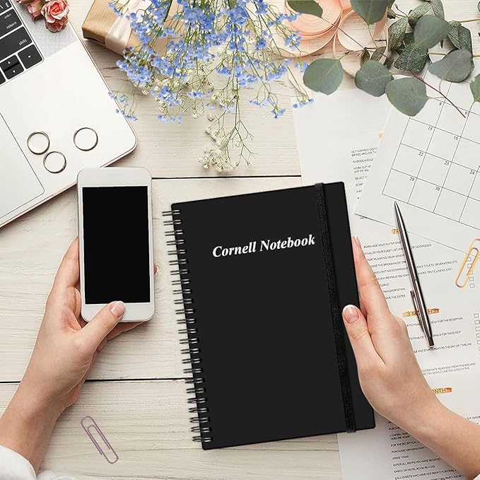 Yaridar A5 Cornell Notes Notebook - College Spiral Cornell Notebooks for Note Taking, Subject College Ruled Steno Pads for Office/School/Home, 5.8" x 8.5", Black