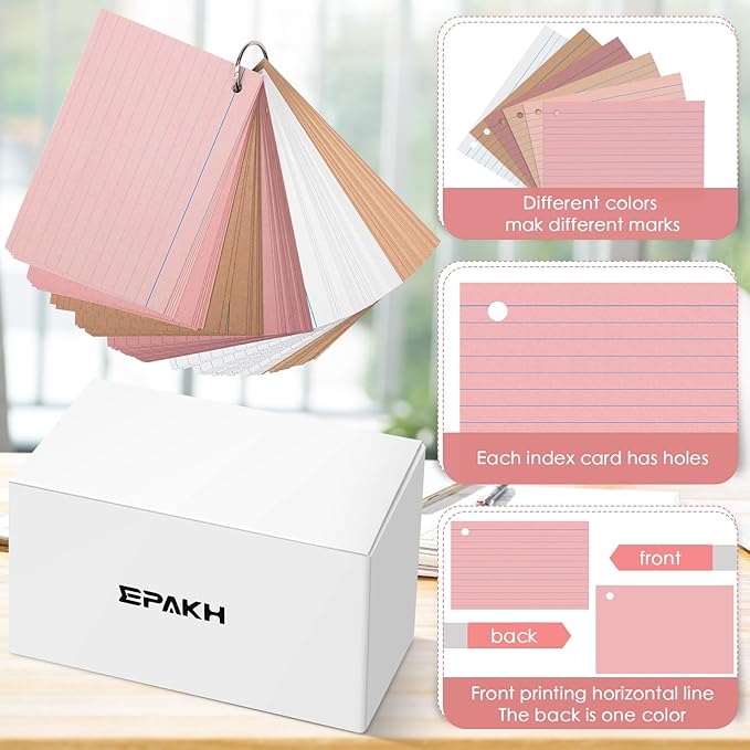 Epakh 300 Pieces Lined Index Cards 180 GSM Thick Flash Cards with Rings Notecards Punched Back to School for Studying Adults Home College Office(4 x 6 Inch,Yellow Series)