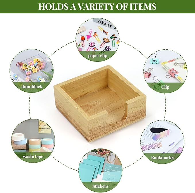 MultiBey Rubberwood Sticky Note Holder - Handcrafted Solid Wood Note Dispenser with Sheets, U-Shaped Easy Access Design & Non-Slip Base for Minimalist Office Desk Decor (3x3 inch)