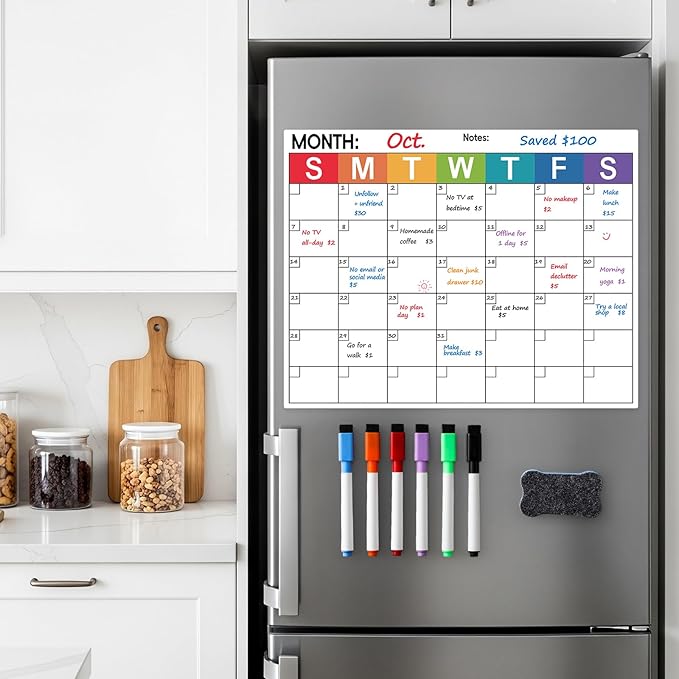 Dry Erase Magnetic Calendar for Refrigerator - Monthly Planner Magnet Whiteboard for Fridge Wall Door - Shopping, Meal/Menu, to Do List, Family Schedule Planning Board with 6 Markers - Colorful