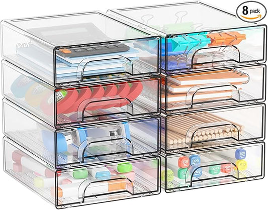 Yieach 2.2'' Tall Acrylic Clear Stackable Storage Drawer Organizer,8 Pack Desk Organization and Storage,Plastic Office Supply Organizer,Drawer Storage Organizer for Makeup,Accessory,Pen,Art Crafts