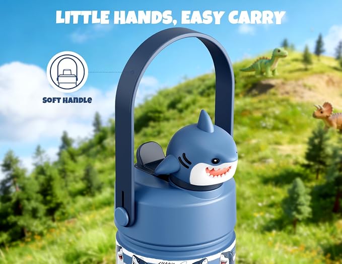 POWCAN 18 oz Insulated Water Bottle for School: 2-in-1 Straw Spout Lid with Soft Animal Head, Leakproof, BPA-Free, Keep Cold 24H, Easy Carry, Stainless Steel Cup for Kids, Boys, Girls (Baby Shark)