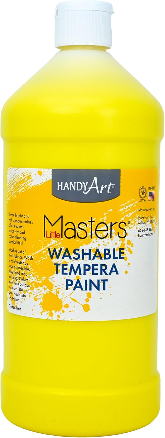 Handy Art Little Masters Washable Tempera Paint, Yellow, 32 oz Bottle, Bright & Mixable, High Opacity, Washable Colors for Classroom, Students, Kids, Young Artists, Safe & Non-Toxic, Made in USA