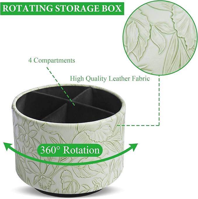 Round Leather Art Supply Organizer,Remote Control Holder,360 Degree Spinning,Multi-Functional Pencil Holder,4 Compartments Desktop Stationary Organizer(1-Carved Green)