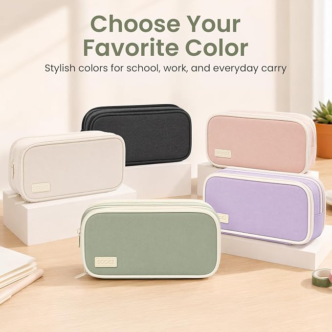 Sooez Large Capacity Pencil Case Pouch, Cute Pencil Pouch Pencil Bag | 3 Compartment, Aesthetic Pen Case with Zipper, Stationery Organizer, School Supplies for Teen Girl Boy Women Men, Green