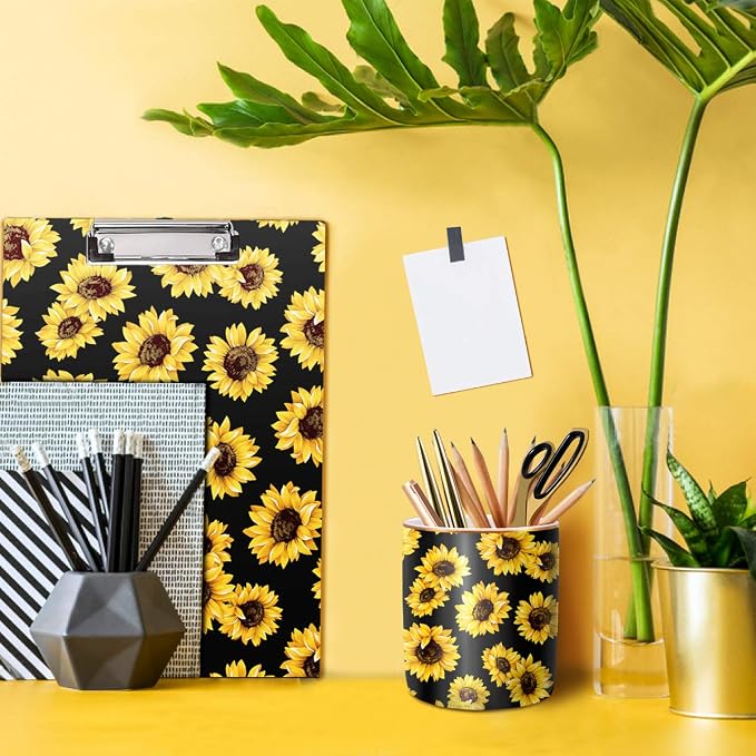 Pen Holder, Cute Pencil Holder for Desk, Makeup Brush Holder Floral Pattern, Pencil Cup for Girls Women, Durable Ceramic Desk Organizer Flower Decor for Office, Classroom, Sunflower