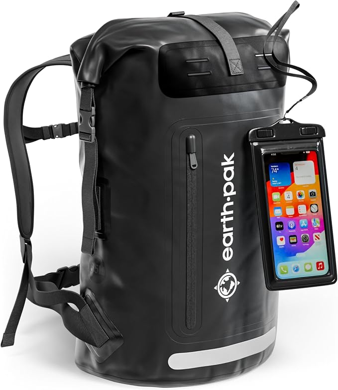 Waterproof Dry Bag Backpack 35L - Kayaking Boating Fishing Rafting Marine | Black 35L dry bag: 500D PVC, abrasion resistant build, IPX8 phone case for river and lake trips