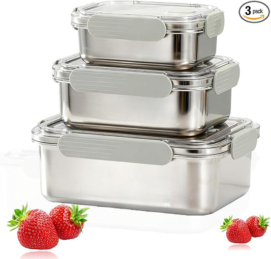 Stainless Steel Food Storage Containers with Leak-Proof Latching Lid, Reusable Bento Lunch Box for Snacks & Meal Prep, Oven/Dishwasher/Freezer Safe, Silver, Combo(22/44/82oz)