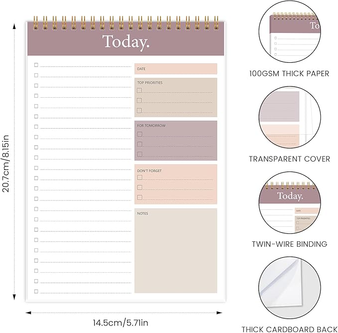 KMQOY To Do List Notepad - 2 Pack Daily Planner Pad Undated 52 Sheets Spiral Today Planner Note Pad Premium Thick Paper 6.5" x 9.8" For Work and Personal Organized - brown