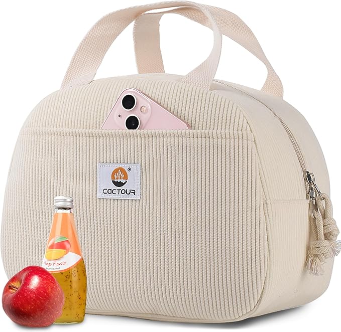 CaCTOUR Lunch Bag Lunch Box for Women Girls Teens, Cute Lunch Box Cooler Bag,Portable Small Reusable Corduroy Insulated LunchBox for Work/Travel/Picnic/School (Beige)