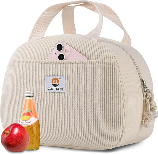 CaCTOUR Lunch Bag Lunch Box for Women Girls Teens, Cute Lunch Box Cooler Bag,Portable Small Reusable Corduroy Insulated LunchBox for Work/Travel/Picnic/School (Beige)