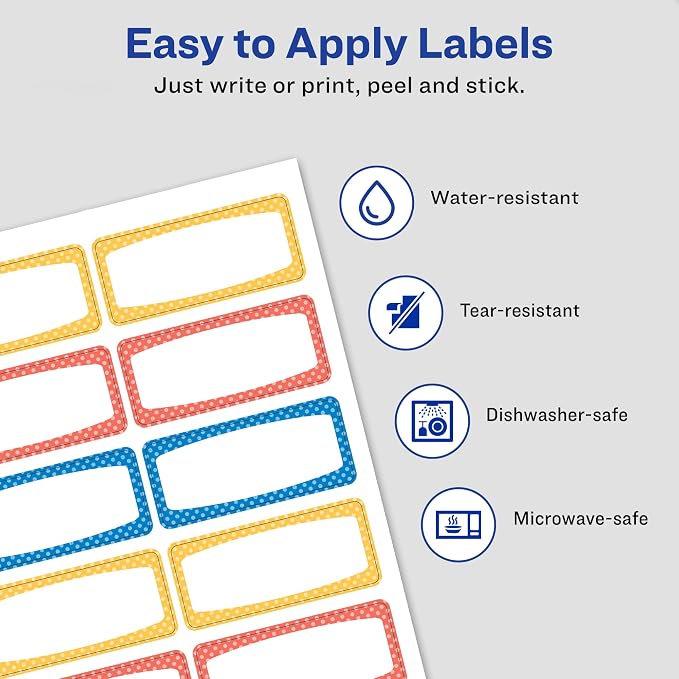 Avery® Durable Labels for Kids' Gear, 3/4" x 1-3/4", Assorted Border Colors, Water-Resistant Labels, 60 Total (41442)