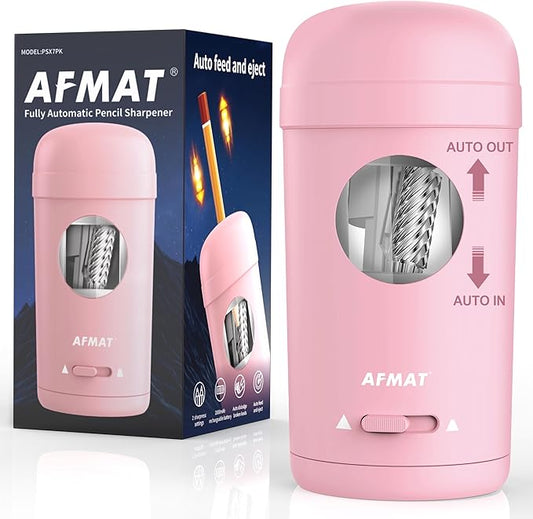 AFMAT Electric Pencil Sharpener, Fully Automatic Pencil Sharpener for 7-8mm Pencils & Colored Pencils, Auto in & Out, Rechargeable Vertical Hands-Free Sharpeners for Classroom/Home/Office PSX7(Pink)