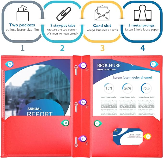 Heavy Duty Plastic Folders with Clear Front Pocket - 6PCS, 3 Pockets Folders with Prongs and Card Slot, for Letter Size Sheets, Bright Colors