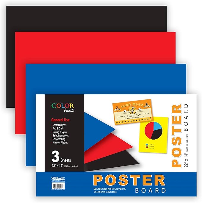 BAZIC Products Poster Board 22" X 14" Assorted Colored Poster Board Paper for School Craft Project Presentation (3/Pack), 48-Packs