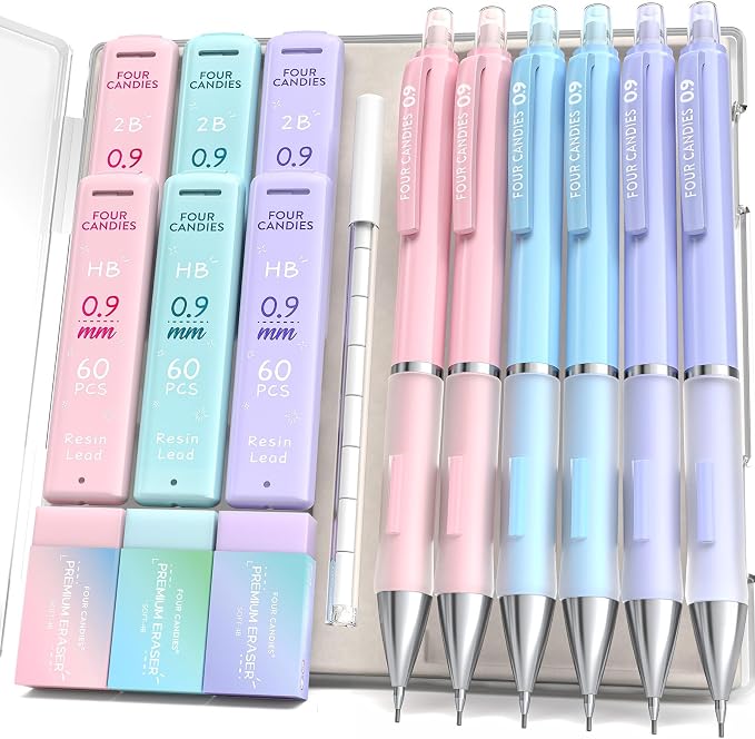 Four Candies Pastel Mechanical Pencil Set, 0.9mm Bold Point, Pack of 6 | 360 HB/2B Leads, 3 Erasers+9 Refills, Storage Case, Cute Pink/Purple/Blue Barrels, Rubber Grip, for Heavy Writing & Sketch