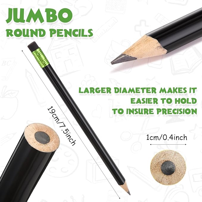 Fainne 48 Pcs Fat Pencils Jumbo Big Thick Large Pencils and 3 Pieces Sharpeners for Kids Beginners Preschoolers Kindergarten School Office Supplies(Black,Round)