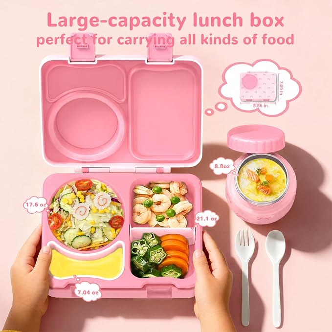 Kids Insulated Lunch Box with 8OZ Thermo Food Jar | Leakproof Bento Box with Ice Pack Sauce Cup Utensils Removable Tray & Dividers for School Daycare Travel, Bows