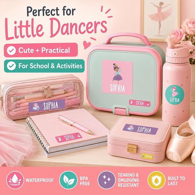 Andaz Press Custom Personalized Waterproof School Name Labels, Ballerina, 120-Pack, Kids Labels Combo Pack, Customizable Multi-Use Name Stickers Back to School Supplies Custom Name Stickers