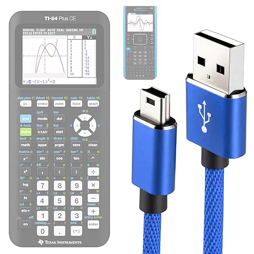 Mini USB Charger Cable for Texas Instruments Calculators, TI-84 Plus CE, TI-84 Plus C Silver Edition, TI-Nspire CX CAS, USB Charging & Data Sync, Nylon Braided 3.3FT (Blue)