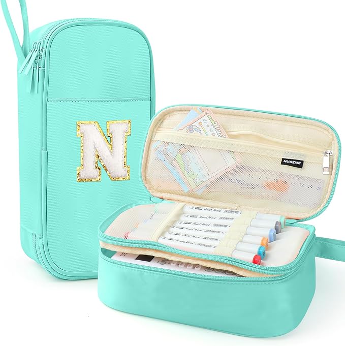 Large Pencil Case,Big Capacity Pencil Pouch,Personalized Initial Pencil Bag with smooth zipper,Multiple Pockets,Cute Aesthetic Stationery Pen Case Bag for Teen Girls College (Mint Green, N)