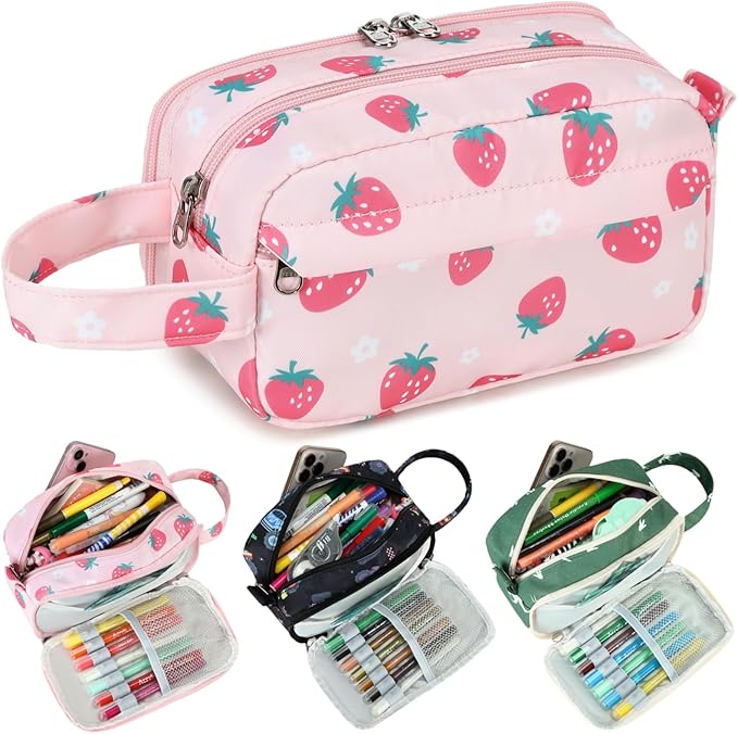 CAMTOP Cute Pencil Case for Girls, Large Capacity Pencil Pouch with 3 Compartments Pen Organizer Pink Kawaii Pencil Box Bag for School Travel Gifts