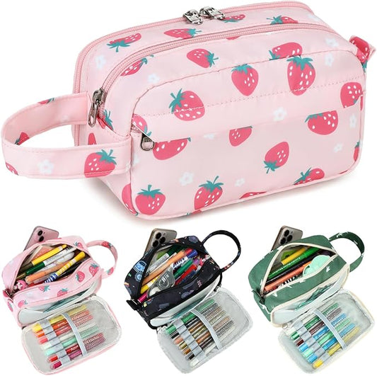 CAMTOP Cute Pencil Case for Girls, Large Capacity Pencil Pouch with 3 Compartments Pen Organizer Pink Kawaii Pencil Box Bag for School Travel Gifts