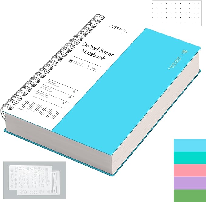 EMSHOI Dotted Journal Spiral Notebook, 300 Pages, A4 Large 8.27"x11.2", 100 GSM Thick Paper, Flexible Plastic Cover, 5mm Dot Grid Notebook for Journaling, Planning, Drawing, Writing, Blue