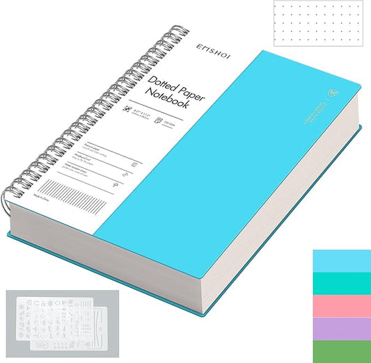 EMSHOI Dotted Journal Spiral Notebook, 300 Pages, A4 Large 8.27"x11.2", 100 GSM Thick Paper, Flexible Plastic Cover, 5mm Dot Grid Notebook for Journaling, Planning, Drawing, Writing, Blue