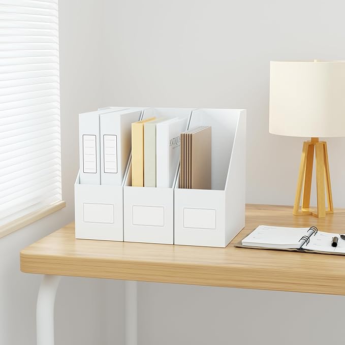 JiaWei White Magazine File Holders, 3 Packs Sturdy Cardboard File Rack, Office Organization Desktop Storage File Box Binder for Shelves and Desk, Folder Holder for Office or Classroom