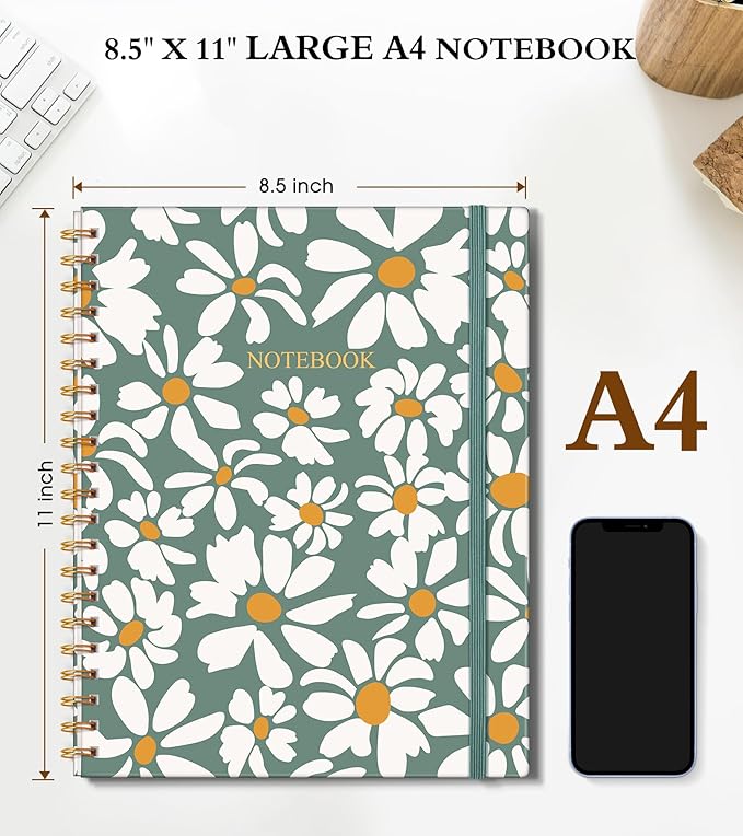 Spiral Notebook Journal 8.5” x 11”, A4 Large Notebooks for Women Men, College Ruled Lined Journal, 100 GSM Paper, Hardcover Spiral Bound Journals for Work School Note Taking Business, Field of Daisies