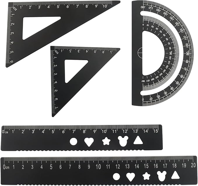5-Piece Metal Geometry Set, Aluminum Ruler Drafting Kit Protractor & Triangular Rulers Precision for Engineers, Students, Math Measurement Tools(Black)