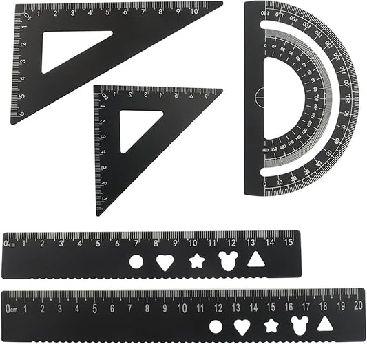 5-Piece Metal Geometry Set, Aluminum Ruler Drafting Kit Protractor & Triangular Rulers Precision for Engineers, Students, Math Measurement Tools(Black)