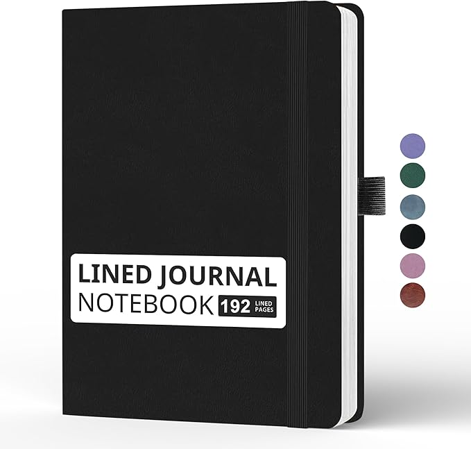 Lined Journal Notebook, A5, 192 Pages 100 GSM Thick Paper, Hardcover Leather College Ruled Journal for Writing, Men Women, Journaling, Daily, Work, Office, Home School Business(Black)