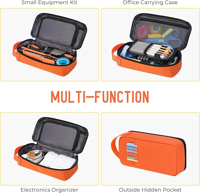 ECHSRT Large Capacity Pencil Case with Hidden Pocket, 1200D Oxford Fabric Zipper Pencil Pouch with Handle, Multi-Pocket Stationery Organizer for Office, College, Travel and Daily Carry, Orange