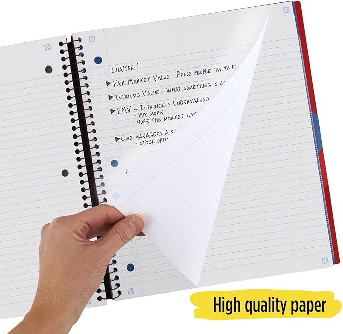 Five Star Advance Spiral Notebooks + Study App, 2 Pack, 3 Subject, College Ruled Paper, 11" x 8-1/2", 150 Sheets, with Spiral Guard and Movable Dividers, Red, White (820111)