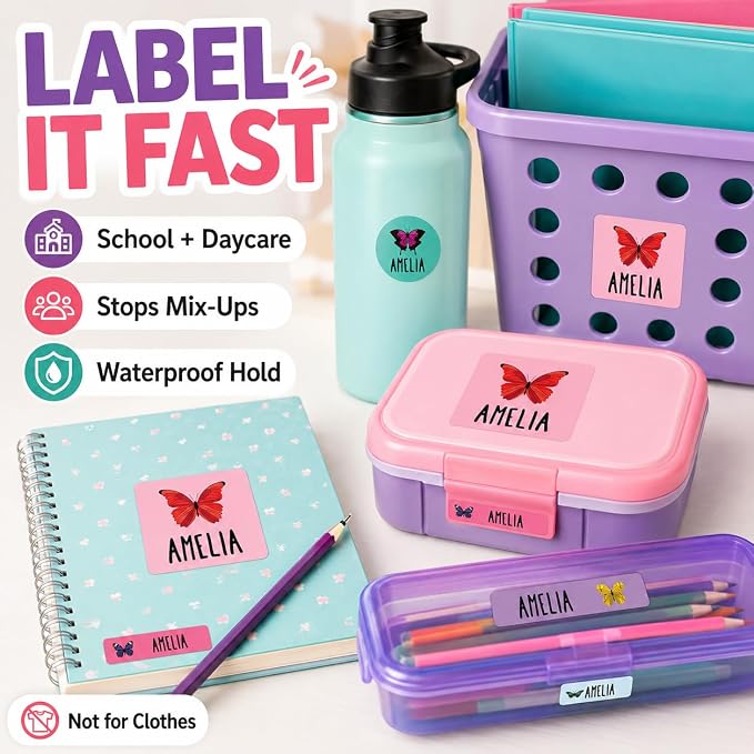 Andaz Press Custom Personalized Waterproof School Name Labels, Butterflies, 120-Pack, Kids Labels Combo Pack, Customizable Multi-Use Name Stickers for Preschool, Daycare, Back to School Supplies